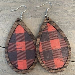 Wood Teardrop Earrings with Red and Black Buffalo